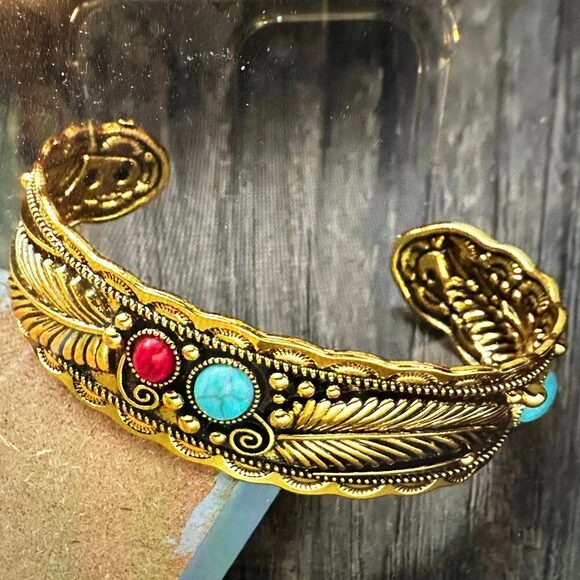 Handcrafted Boho Native American Bracelet, Gold Plated Turquoise and Coral Ston - Picture 2 of 6